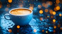 Hot cappuccino in blue ceramic cup on dark background with golden bokeh lights and water drops, creating magical atmosphere for coffee shop menu.
