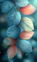 Magical glowing leaves with water drops on dark turquoise background, coral and blue colors create dreamy nature composition for wall art and textile design.
