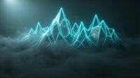 Neon glowing mountain peaks with cyan wireframe outline floating above dark stormy clouds and mist, futuristic digital landscape for tech and gaming projects.