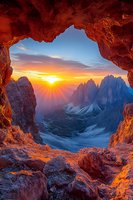 Dramatic mountain sunrise viewed through natural rock arch window, glowing orange sunburst illuminating snowy peaks and valley below against blue morning sky.