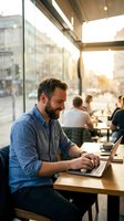 Happy bearded Caucasian man working on laptop in modern cafe with large windows during golden hour sunlight for remote work and freelancing lifestyle.