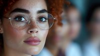 Young woman with red curly hair and freckles wearing round eyeglasses, looking thoughtfully to the side in a professional portrait setting.