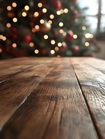 Empty wooden table with blurred Christmas tree lights bokeh background for holiday product display and festive seasonal marketing campaigns.