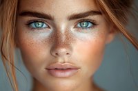 Young blonde woman with blue eyes and natural freckles looking at camera with soft lighting for beauty and skincare concepts.