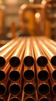 Copper pipes stacked in industrial warehouse with warm lighting. Manufacturing and construction materials for plumbing, heating systems and infrastructure projects.