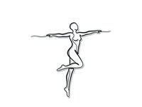 Minimalist line art of graceful female ballet dancer in arabesque pose with arms extended, continuous single line drawing style for modern decor and artistic projects.