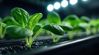 Young green seedling growing in greenhouse with water drops on leaves against blurred lights background, macro photography of spring plant germination.