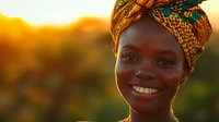 Young African woman wearing colorful traditional headwrap smiling at sunset with warm golden light illuminating her face against blurred natural background.