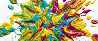Vibrant liquid paint explosion with swirling yellow, teal, magenta and gold splashes radiating outward on white background for abstract art projects.