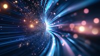 Abstract cosmic tunnel with glowing blue light rays and orange particles creating dynamic motion effect in dark space, suggesting speed, time travel and energy flow.