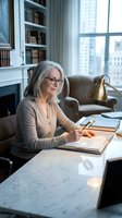 Senior Caucasian woman with gray hair and glasses writing in notebook at home office desk with books and lamp, focused on work in cozy study room.