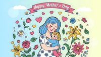 Happy Mother's Day greeting card with cartoon mom holding child surrounded by colorful flowers, hearts and decorative elements on pastel background.