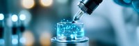 Laboratory research with pipette dropping liquid into petri dish on blue background with microscope and bokeh lights for medical analysis.