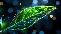 Magical glowing green leaf with sparkles and bokeh lights on dark background, nature fantasy concept with luminescent details and dreamy atmosphere.