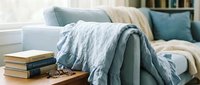 Cozy living room corner with stacked books, draped blue linen blanket on gray sofa, and decorative pillows for home decor and interior design inspiration.