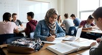 Young Muslim woman in hijab studying in university classroom with diverse students taking exam or working on assignments at wooden desks near window.