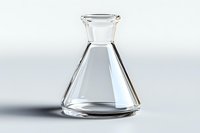Empty conical glass laboratory flask with wide base and narrow neck on light background, isolated scientific glassware for chemical experiments.