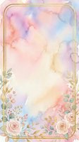 Soft watercolor background with pastel pink, blue, and yellow washes, gold frame border, and delicate floral elements including roses and greenery at bottom corners. Isolated design ready for invitations, greeting cards, and wedding stationery.