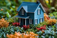 Miniature blue farmhouse model surrounded by vibrant autumn flowers and foliage creates magical garden scene with selective focus and natural bokeh effect.