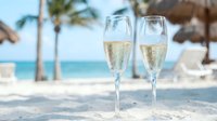 Two champagne flutes filled with sparkling wine on tropical beach with palm trees and turquoise ocean, luxury vacation celebration concept for romantic getaway.