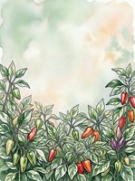 Chili pepper plants with colorful ripening pods in watercolor style, isolated on soft pastel background with copy space for design projects.