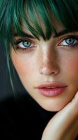Close-up portrait of young woman with green hair, freckles, and striking blue eyes against dark background. Natural makeup and soft lighting highlight facial features.