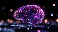 Glowing purple brain with neural connections against dark background with bokeh lights, representing artificial intelligence and cognitive science.