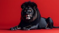 Majestic black lion with dark mane lying on red background, powerful wild animal portrait for creative projects and wildlife themed designs.