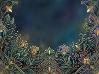 Ornate golden floral border with decorative botanical elements on dark teal background, suitable for invitations, cards, and luxury design projects.