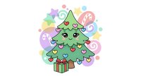 Cute kawaii Christmas tree with heart ornaments and gift boxes on colorful bubble background for holiday greeting cards and festive decorations.