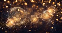 Golden glowing bubbles floating in dark space with sparkling particles and warm bokeh lights creating magical atmosphere for luxury design projects.