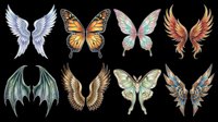Colorful wings clipart set featuring angel, butterfly, dragon, and fairy wings isolated on transparent background. Great for t-shirt design, stickers, print on demand, sublimation.