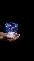 Male hands holding glowing neon bear face hologram with connected network nodes on black background for technology and digital innovation concepts.