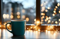 Teal coffee mug on wooden table with warm fairy lights and blurred city window view creating cozy evening atmosphere for relaxation and comfort.