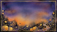 Halloween autumn border with pumpkins, bare branches, flying bats and golden decorative frame on purple orange gradient background for seasonal design.