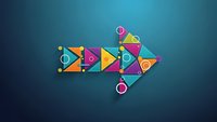 Colorful geometric arrow made of triangular shapes with circular elements on gradient blue background for business presentations and infographics.