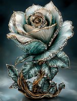Ornate metallic rose with copper edges and teal petals featuring intricate decorative patterns on dark background for luxury design projects.