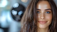Young Caucasian woman with blue eyes and natural makeup smiling warmly at camera. Soft bokeh background creates dreamy atmosphere. Professional portrait with shallow depth of field.