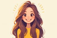 Cheerful young woman with long brown wavy hair wearing yellow top smiling brightly against beige background, anime style illustration for social media avatar.