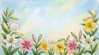Watercolor lily flowers border frame with soft pastel sky background for spring garden design projects and floral decorative elements.