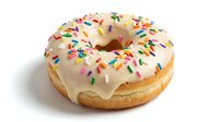Glazed donut with colorful sprinkles on white background, suitable for bakery, food, and dessert marketing materials.