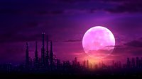 Futuristic cityscape silhouette against purple night sky with giant pink full moon and dramatic clouds creating mystical urban landscape atmosphere.