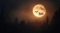 Spooky full moon rising over misty forest silhouette with flying bat and boo text, creating eerie Halloween atmosphere against dark night sky.