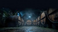 Wooden barrels stored in an underground cellar with atmospheric blue lighting and misty air, suitable for wine, whiskey, or brewery production concepts.
