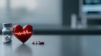 Red heart with glowing ECG line next to medical pills and prescription bottle on reflective surface against blurred background, healthcare concept.