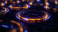 Glowing circular technology patterns with blue and gold light trails on dark background, representing digital data or cryptocurrency concept.