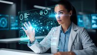 Professional woman scientist interacting with futuristic holographic interface displaying data analytics and digital technology in modern laboratory setting.