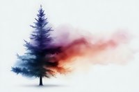 Artistic watercolor pine tree with flowing colorful smoke effect in purple, red and orange hues on white background for creative design projects.