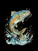Colorful catfish leaping from water with splashing waves, isolated on transparent background. Ready for t-shirt designs, clipart, stickers, sublimation, and print-on-demand products.