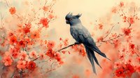 Gray cockatoo perched on blooming cherry blossom branch against coral sunset background, watercolor style artwork showing delicate Asian-inspired nature scene.
